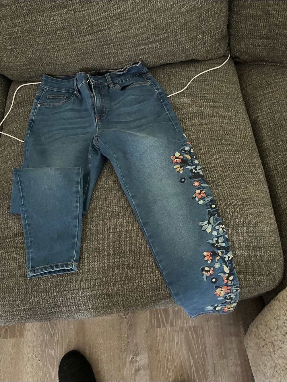 Embroidered Skinny Jeans in Blue with Floral Side Detail